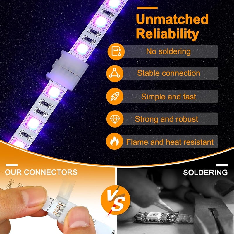 Pmxary 20Pcs 4 Pin LED Strip Connectors for 10mm Wide RGB LED Strip Lights, Solderless Unwired LED Light Connectors, Easily Extend or Splice SMD 5050 Multicolor Strips - Image 3